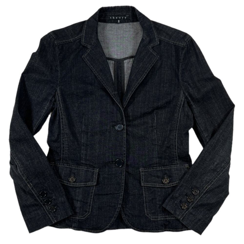 Theory Button Front Flap Pocket Cotton Denim Blazer Jacket Gray Black | Size XS